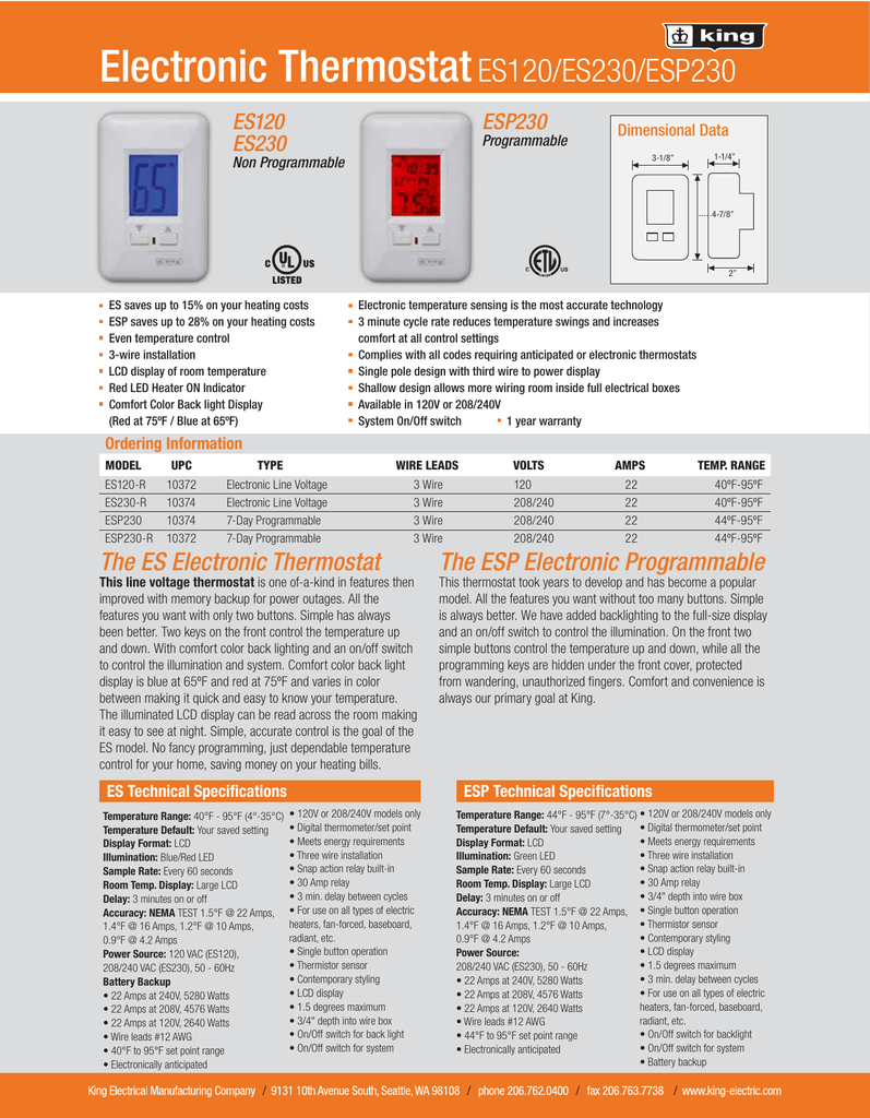 King Electrical ESP230-R :: Thermostat, Programmable, Single Pole