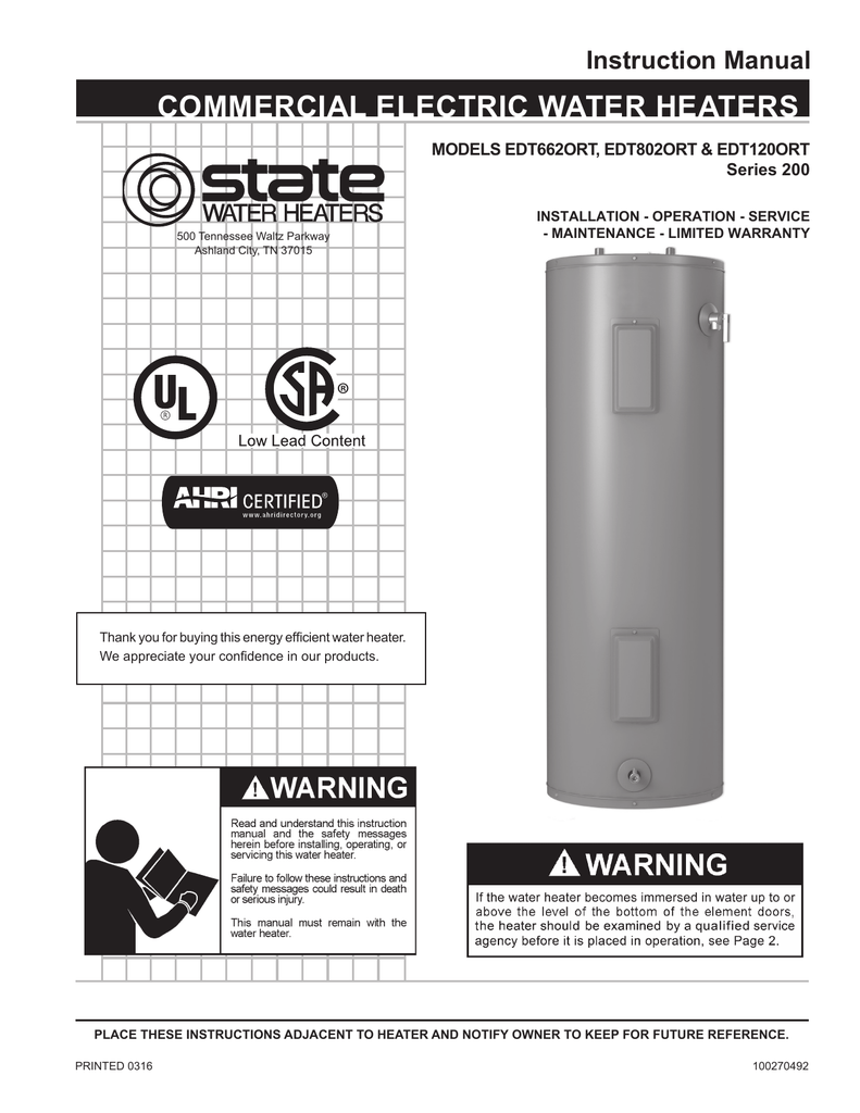 State 100234342 66 gal. Tall 4.5kW 2Element Electric Light Duty