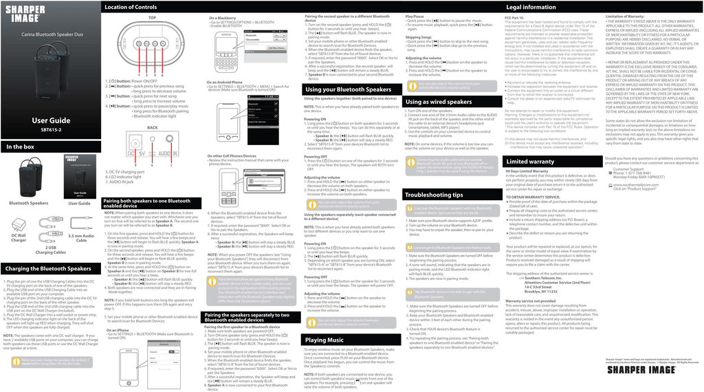 Sharper Image Wireless Speaker Manual : Sharper Image Sbt620 User ...