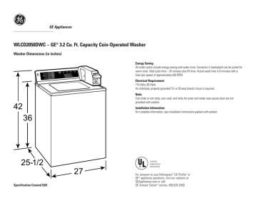 GE WLCD2050DWC 3.2 Cu. Ft. Capacity Coin-Operated Washer Quick Specs | Manualzz