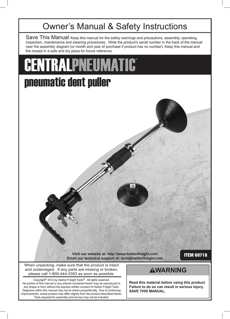 Central Pneumatic 69718 Air Dent Puller Owner's Manual Manualzz