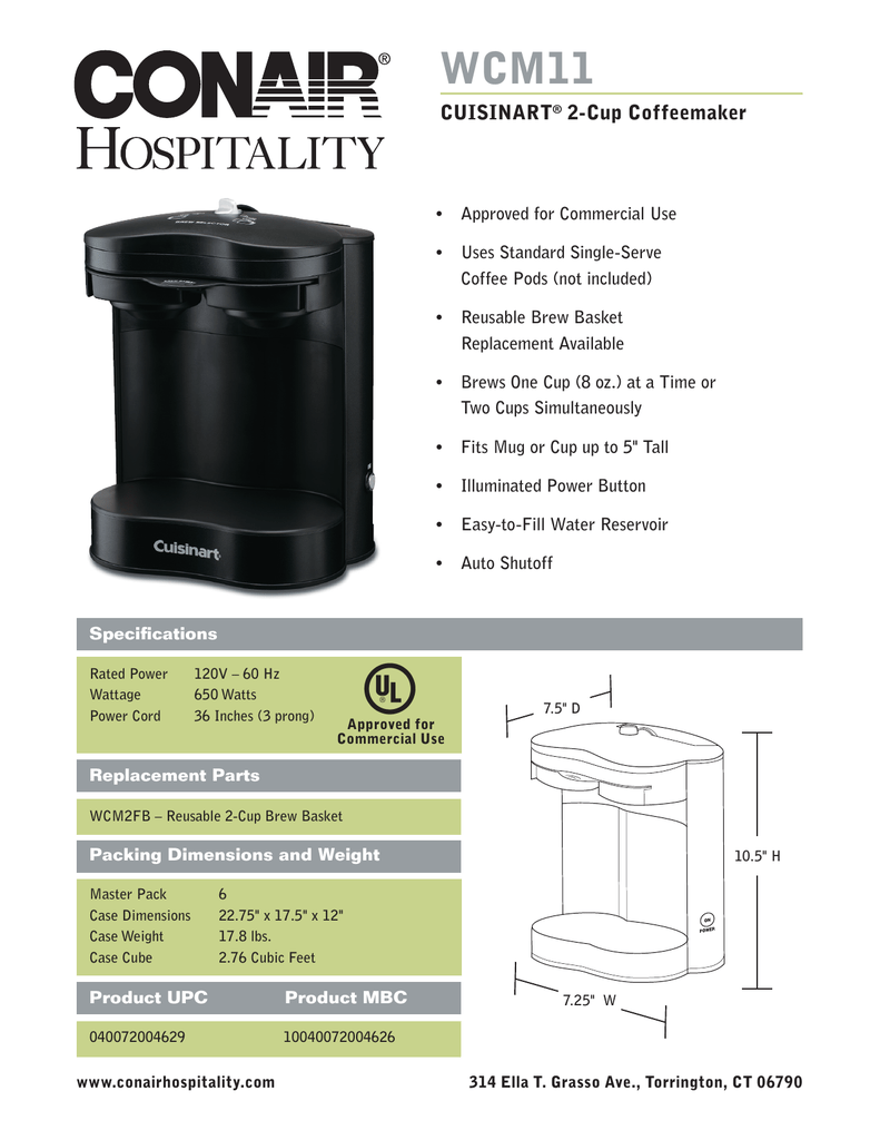 Wcm11 Cuisinart 2 Cup Coffeemaker Spec Manualzz