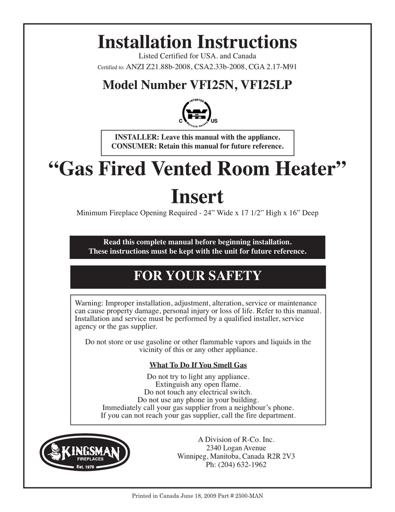 Gas Fired Vented Room Heater Insert Manualzz Com