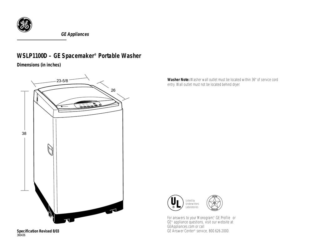 WSLP1100D GE Spacemaker® Portable Washer Manualzz