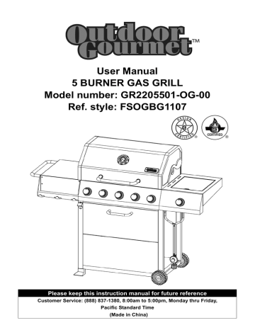 User Manual 5 BURNER GAS GRILL Model number: GR2205501 | Manualzz