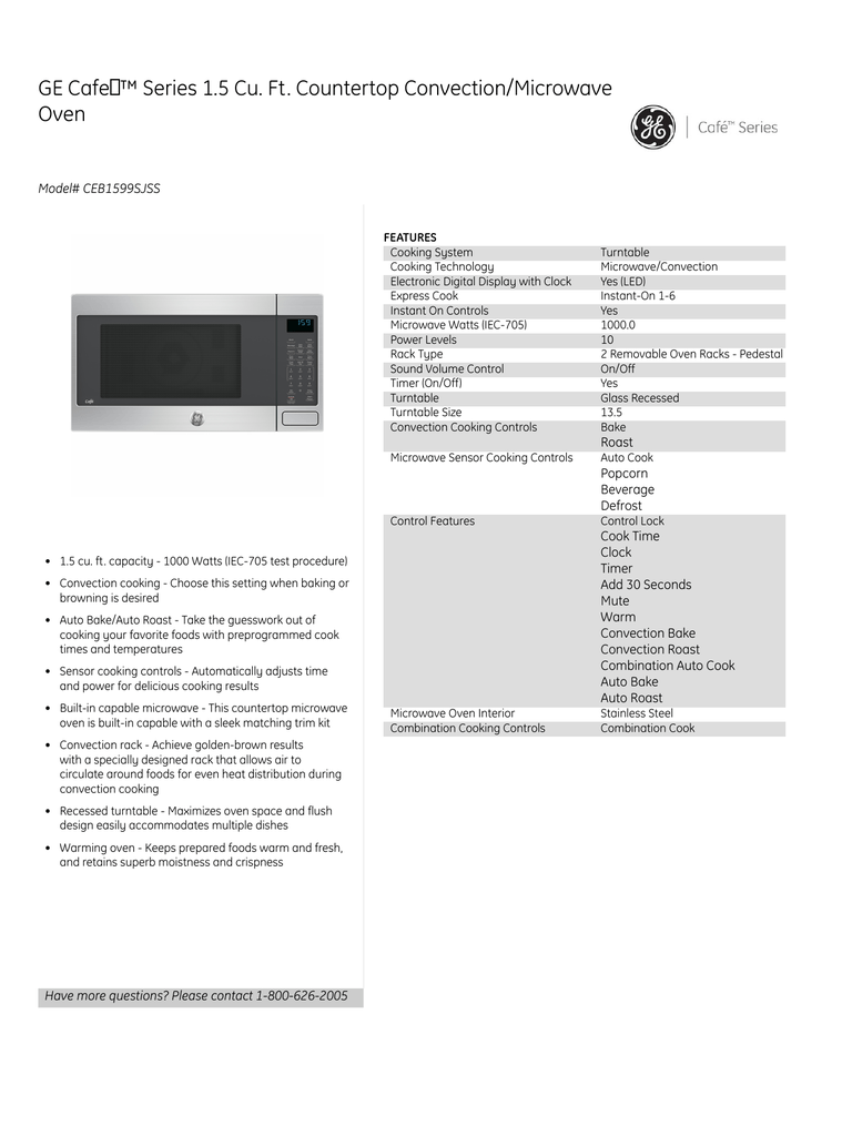 Ge Cafe Series 1 5 Cu Ft Countertop Convection Microwave Oven