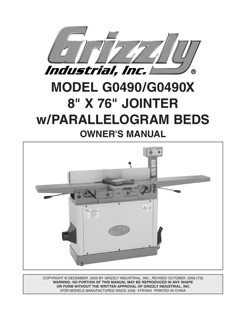 MODEL G0490/G0490X 8" X 76" JOINTER w/PARALLELOGRAM Manualzz