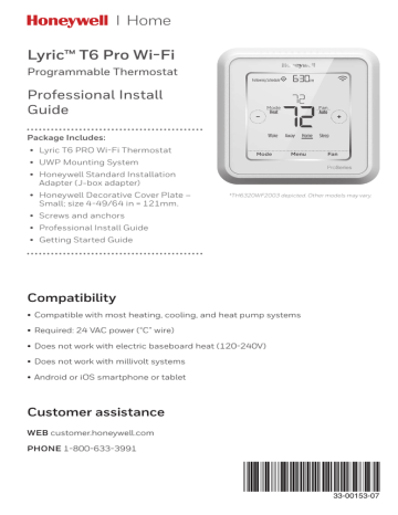 Honeywell Lyric T6 Pro Wi-Fi Getting Started Guide | Manualzz