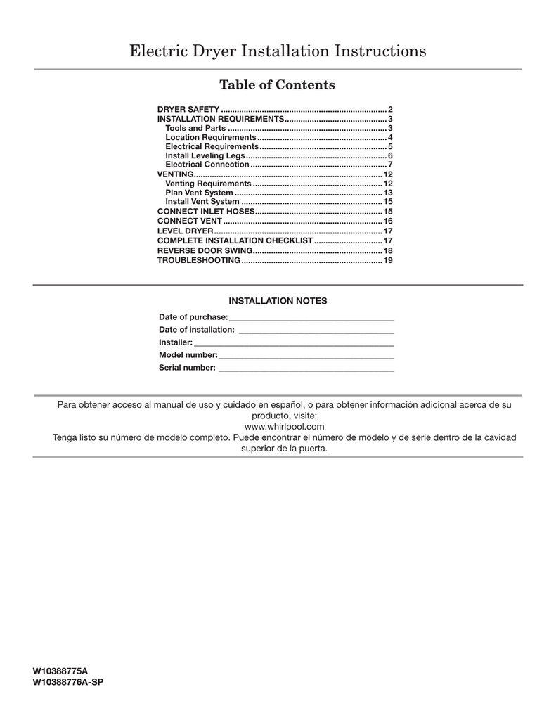 Whirlpool W10388775A Clothes Dryer User manual Manualzz