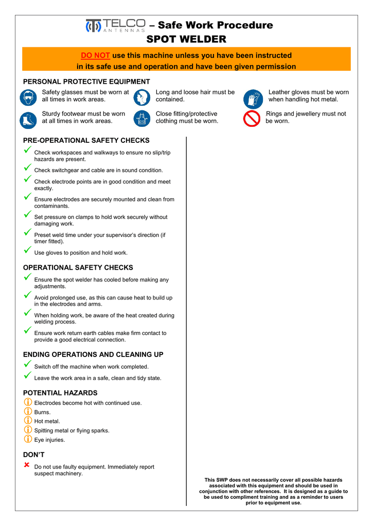 Safety Operating Procedures Spot Welder Manualzz
