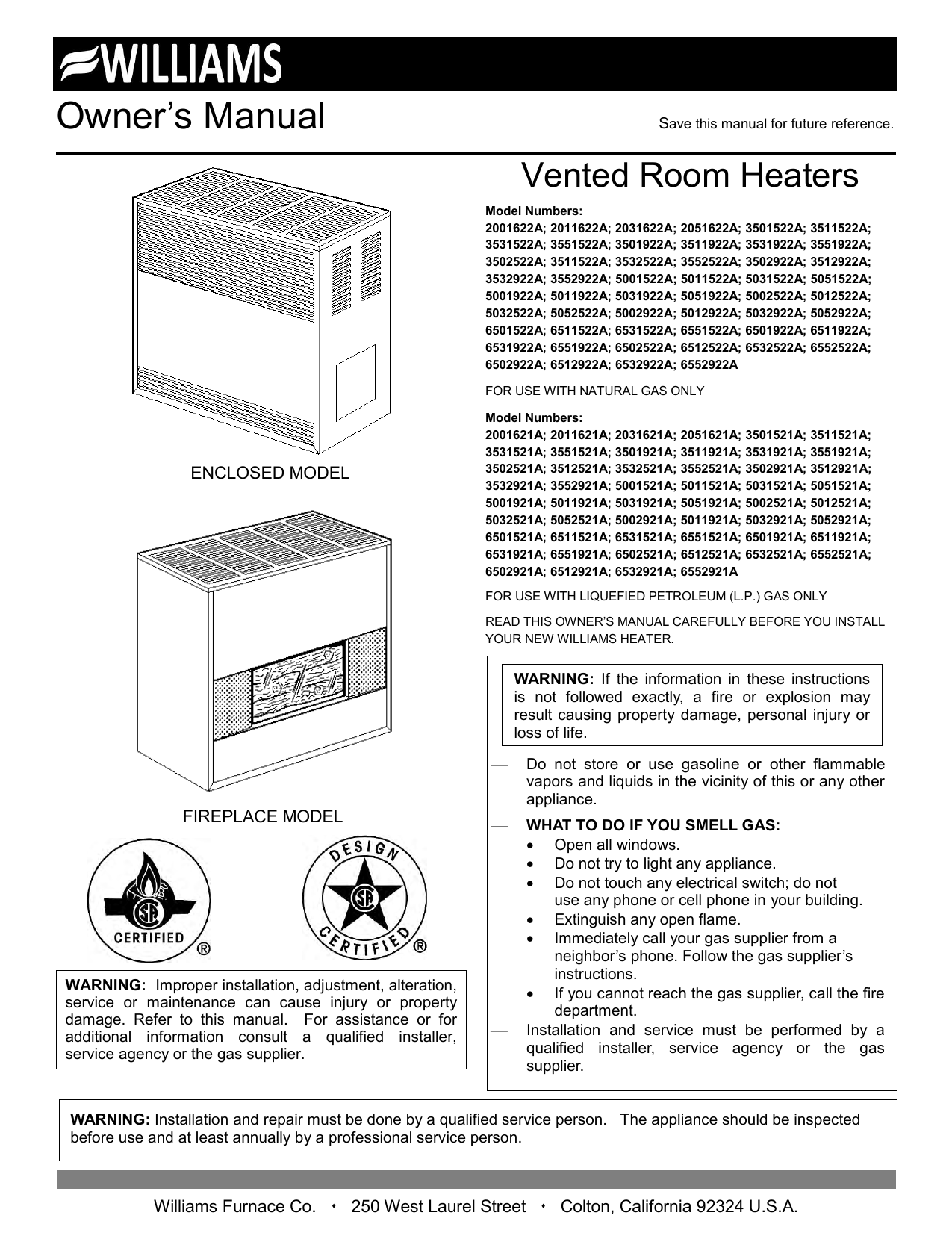Williams Furnace 5001921A 50000 BTU Propane Unit Heater Use and Care Manual  | Manualzz