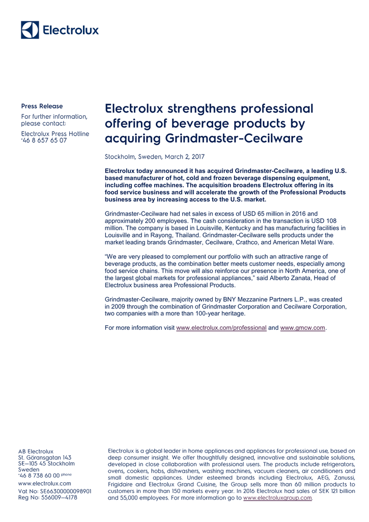 Electrolux Professional acquires Grindmaster-Cecilware 