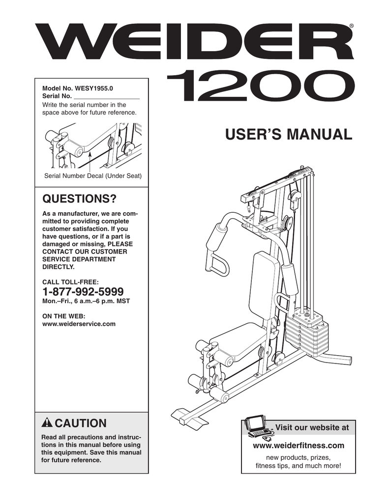 Weider 1200 SYSTEM WESY1955 Fitness Equipment Owner's Manual Manualzz