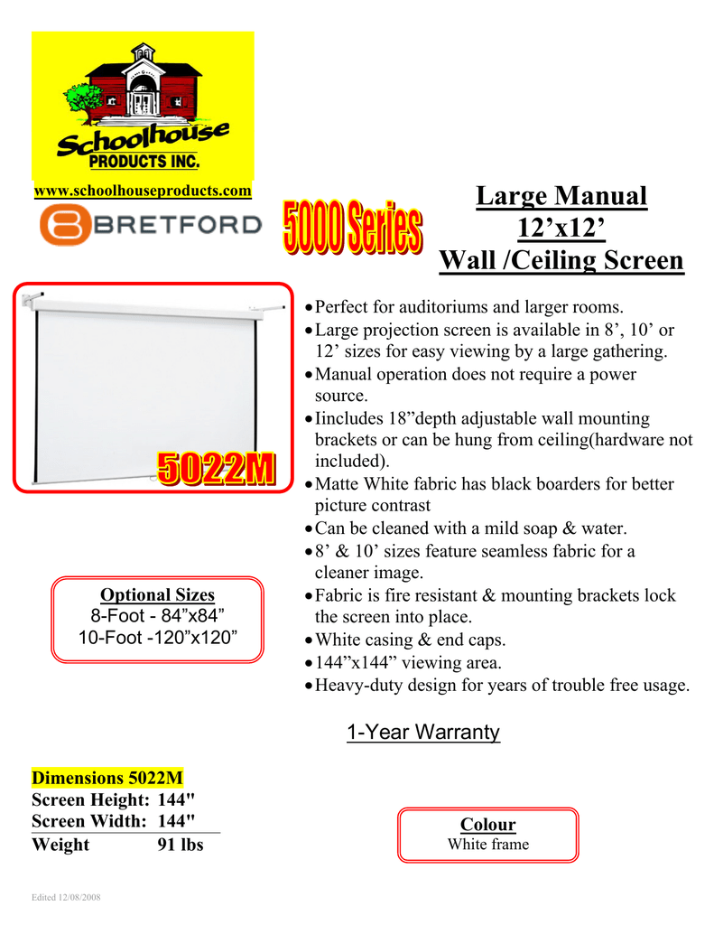 Bretford 5022m Auditorium 12x12 Screen Manualzz Com