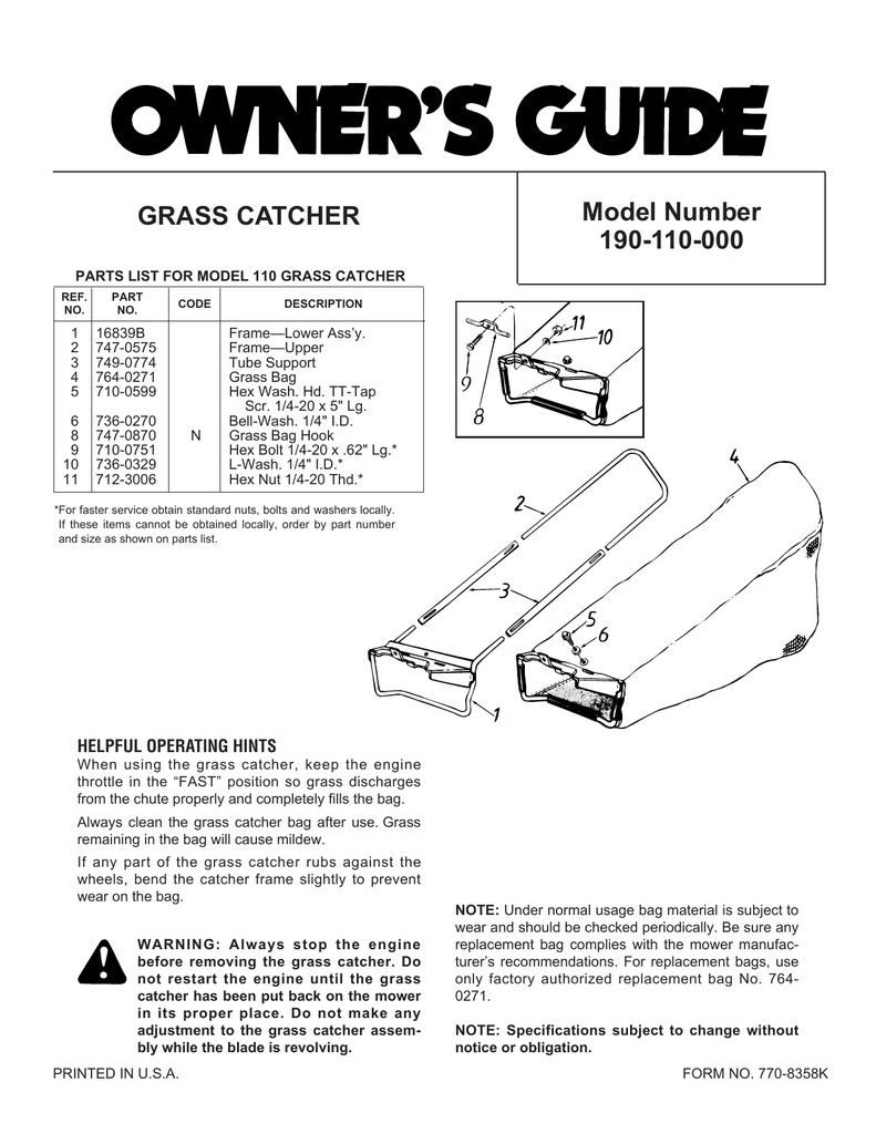 Mtd Genuine Parts Oem 190 110 1 6 Bushel Bagger Installation Guide Manualzz