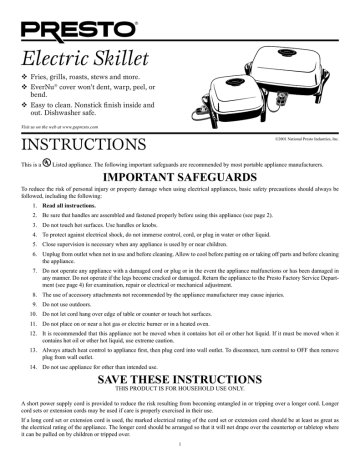 Presto Â® 12-inch Stainless Steel Electric Skillet Instruction Manual