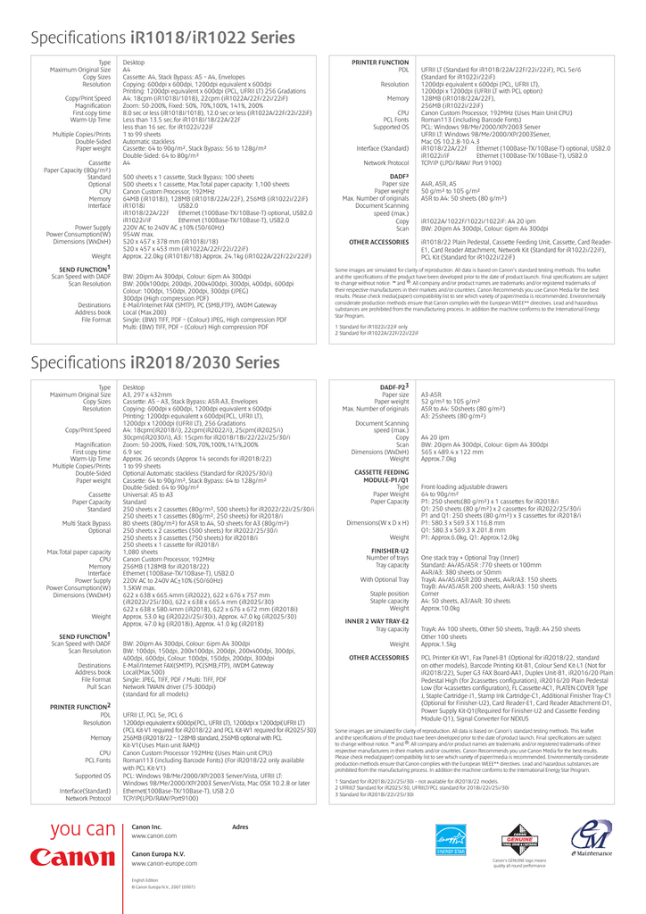 Specifications Ir1018 Ir1022 Series Specifications Ir2018 2030 Manualzz