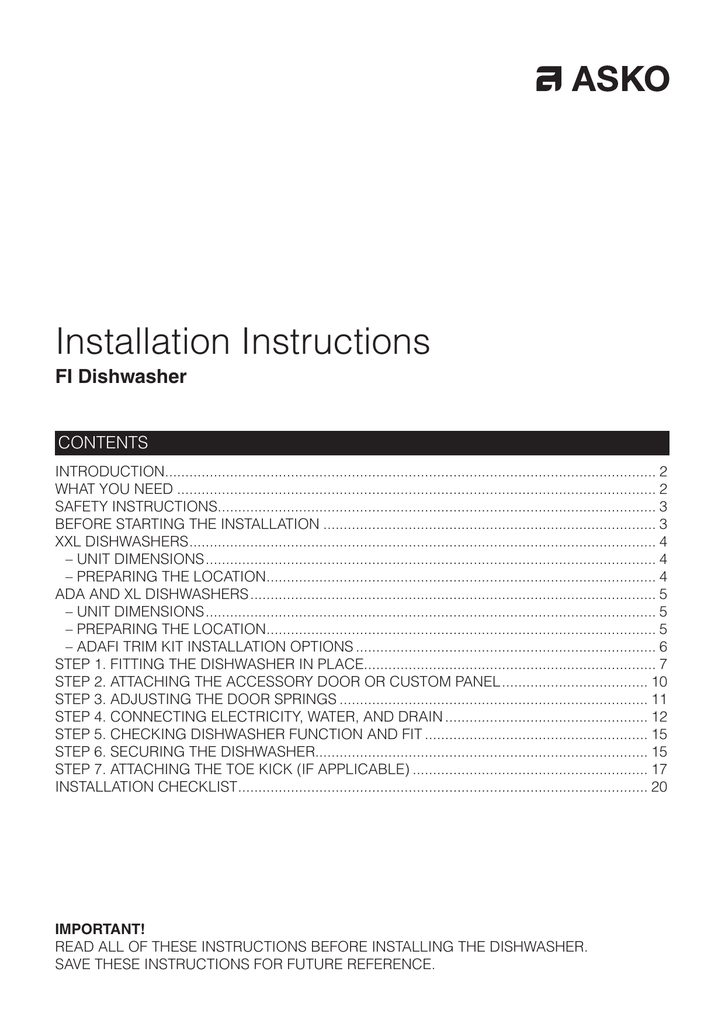 Asko ADA series Installation Instructions Manual Manualzz