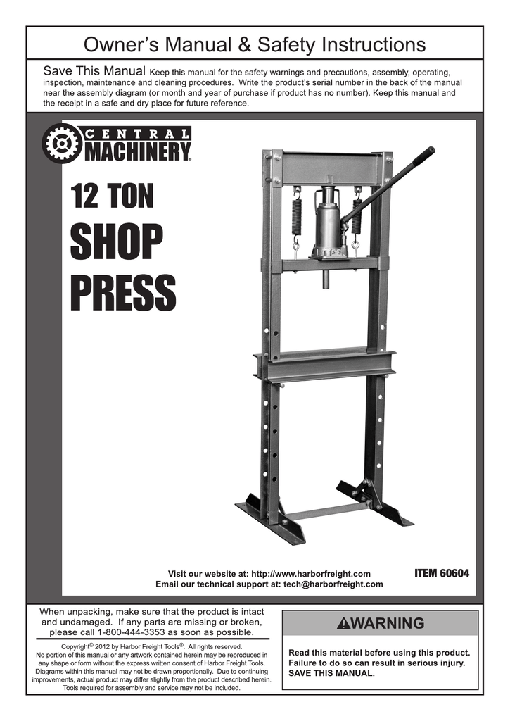 Central Machinery 60604 12 Ton H Frame Industrial Heavy Duty Floor Shop Press Owner Manual Manualzz