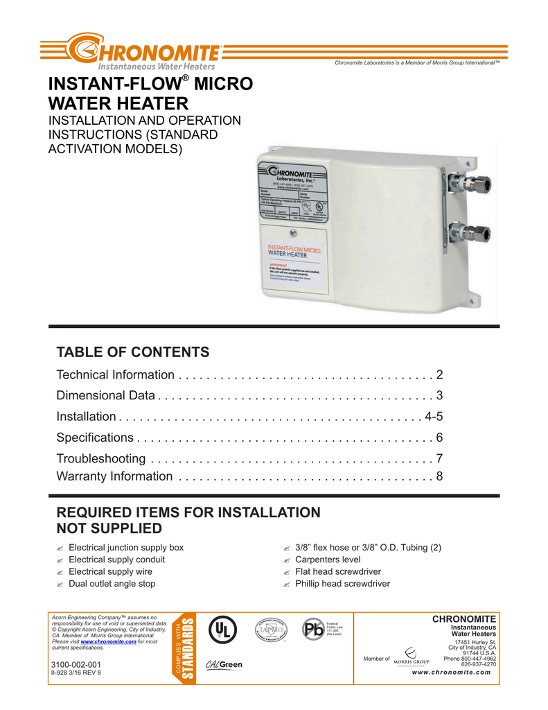Chronomite Electric Tankless Water Heater M30/277110F-I Instant-Flow  Micro-Standard Flow .65 GPM Point of Use Electric Tankless Water Heater, 30  Amp, 277-Volt, 8310-Watt, 110°F Manual | Manualzz