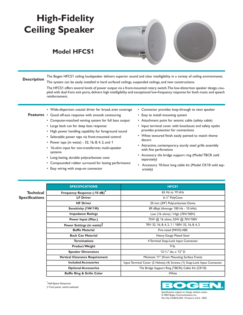 Hfcs1 Spec High Fidelity Ceiling Speaker Manualzz