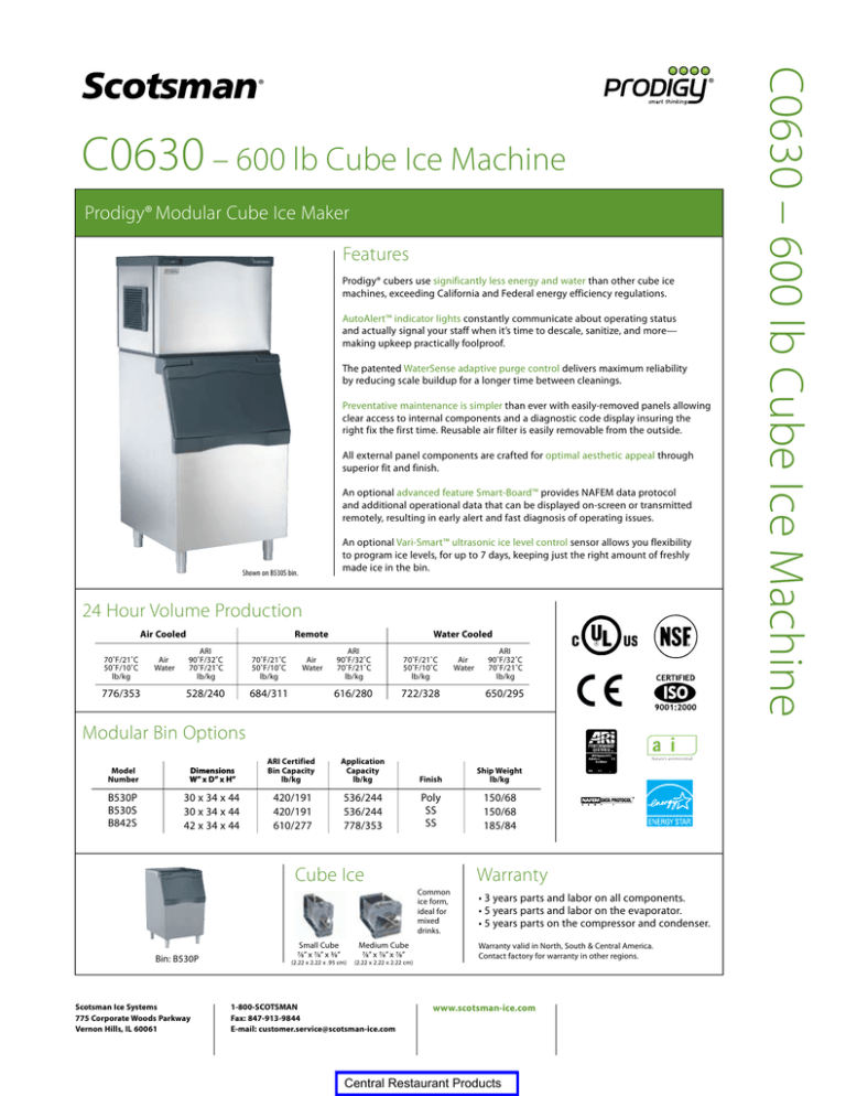 Scotsman Prodigy Modular Cube Ice Maker C0630 Spec Sheet Manualzz