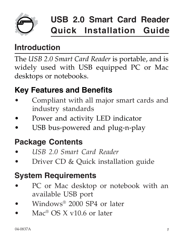 Usb 2 0 smart card reader quick installation guide manualzz