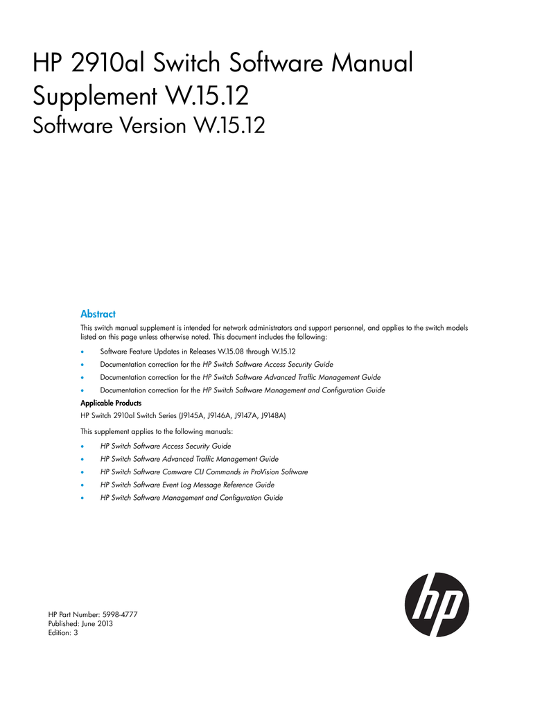 HP 2910al Switch Software Manual Supplement W.15.12 Manualzz