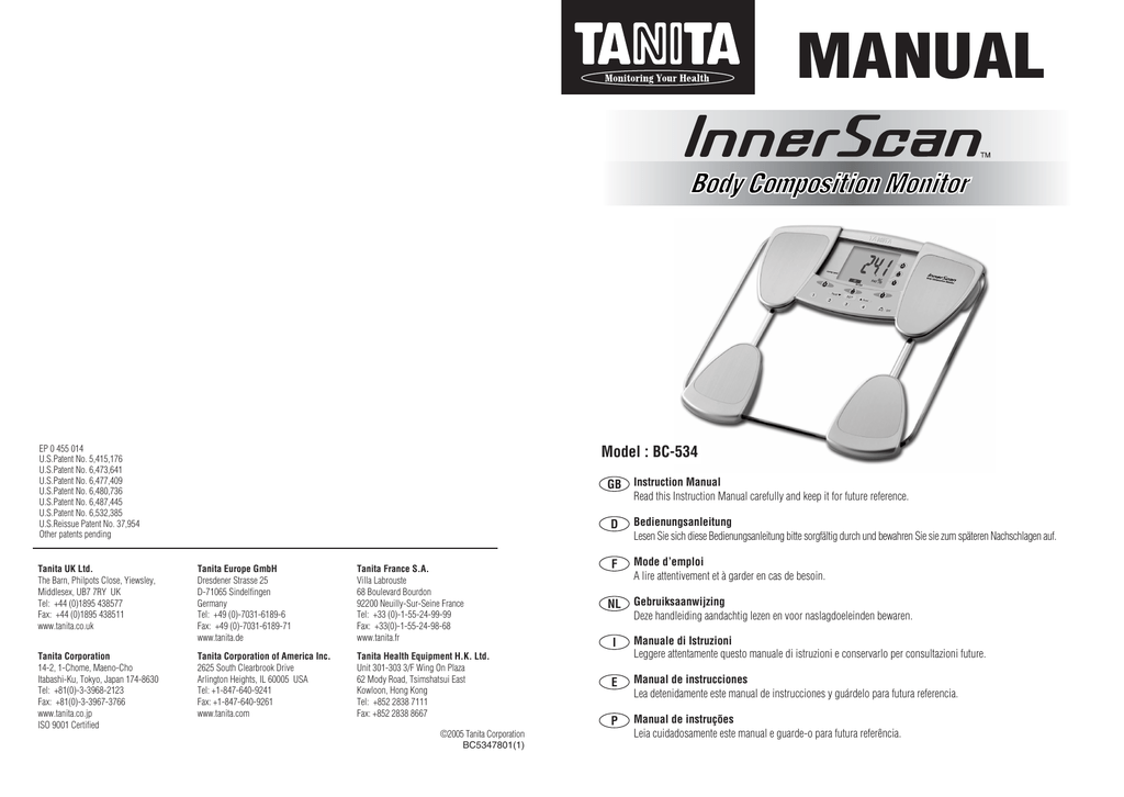 Tanita InnerScan Body Composition Monitor Scale BC-534