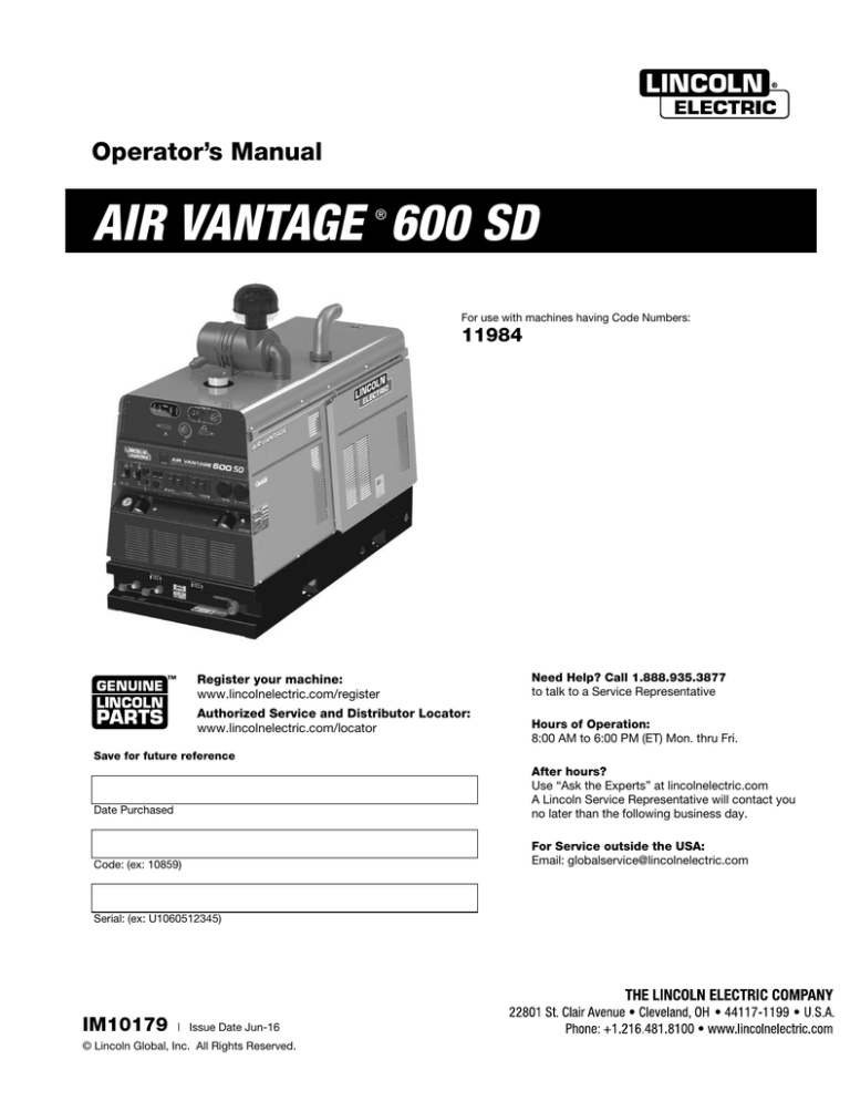 Lincoln Electric Air Vantage 600 SD Operating instructions Manualzz