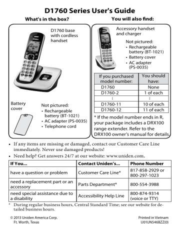 Uniden D1760-3 3 Handset DECT 6.0 Cordless Phone with Caller ID-DISCONTINUED User`s guide | Manualzz