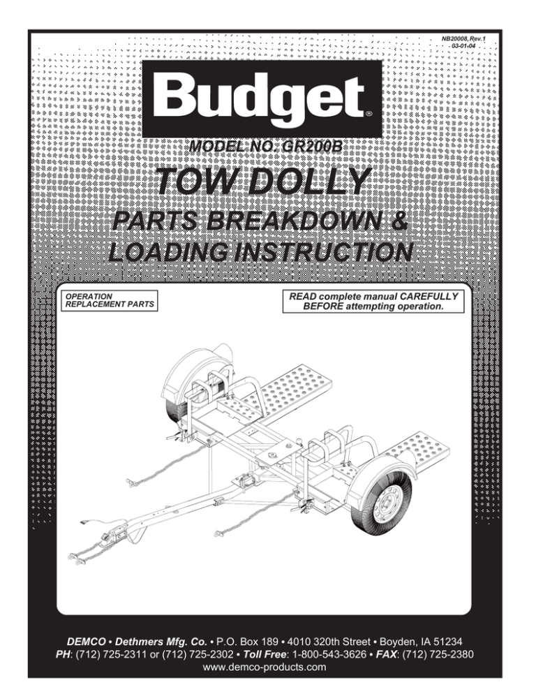 Tow Dolly Parts Breakdown GR200B Manualzz