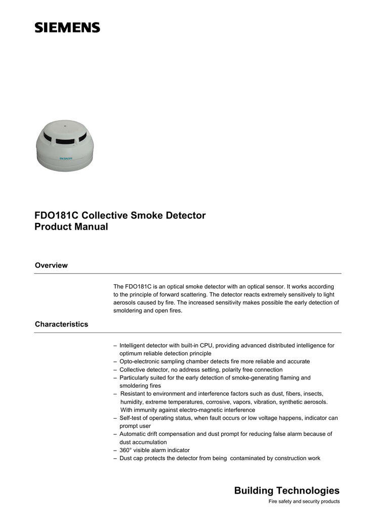 Building Technologies Fdo181c Collective Smoke Detector Manualzz