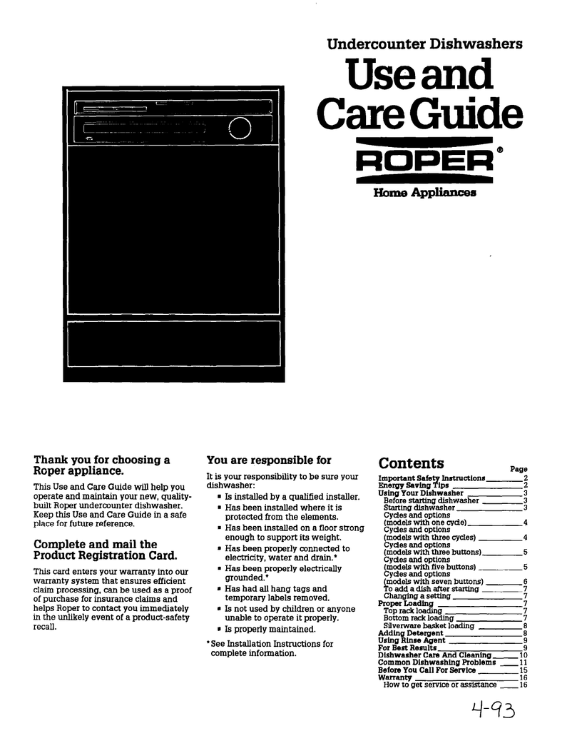 Roper Dishwasher Repair Manual Manualzz
