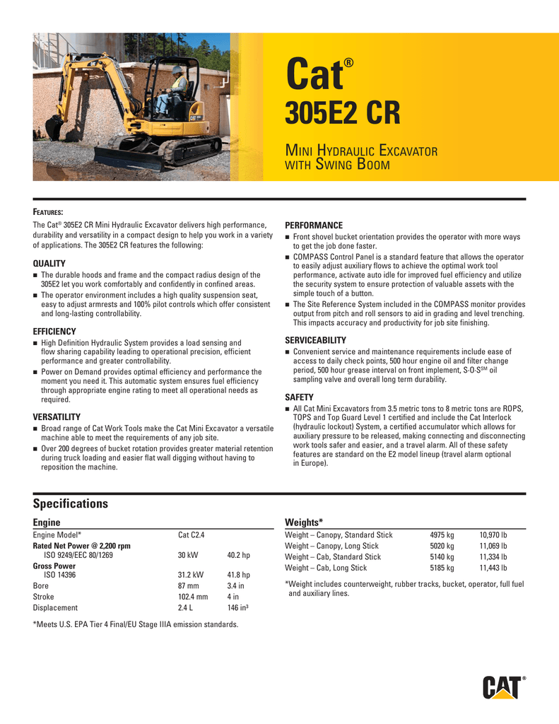 Small Specalog For Cat 305e2 Cr Mini Hydraulic Excavator Manualzz