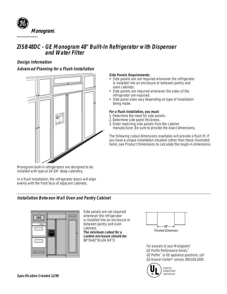 Zisb48dc Ge Monogram 48 Built In Refrigerator With Manualzz