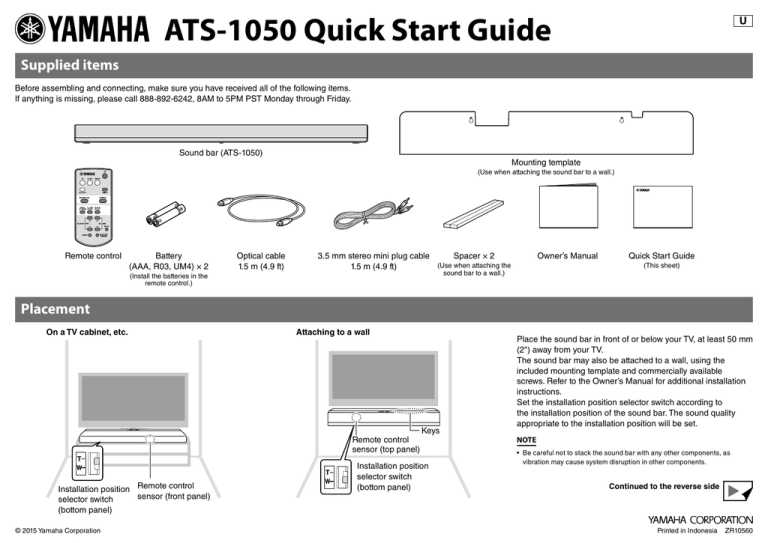 Yamaha ATS-1050 Quick start guide | Manualzz