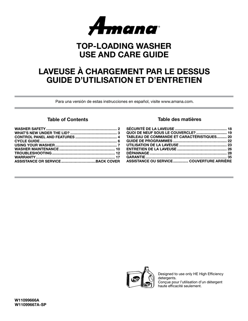 Amana NTW4516FW 3.5cu ft Agitator TopLoad Washer Use and Care Guide