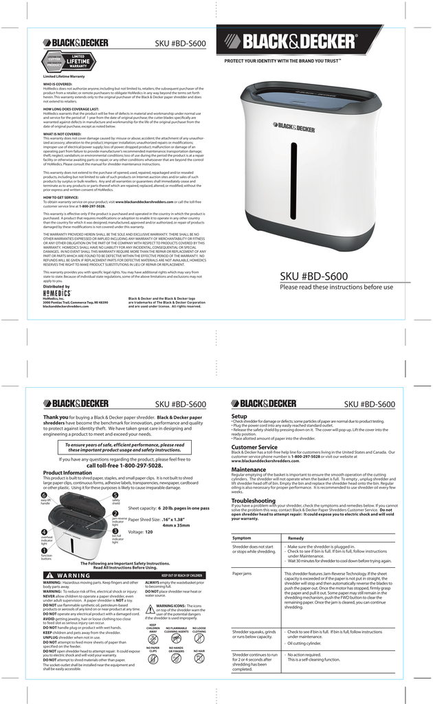 Black & Decker Paper Shredder BD-10P User Guide