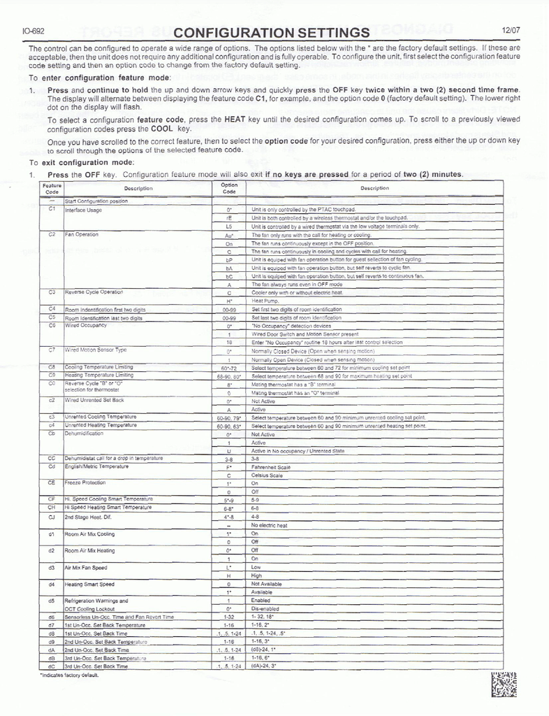 amana ptac configuration