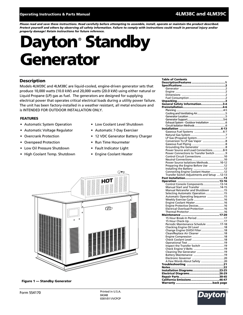 Dayton Standby Generator - Advanced Service And Parts | Manualzz