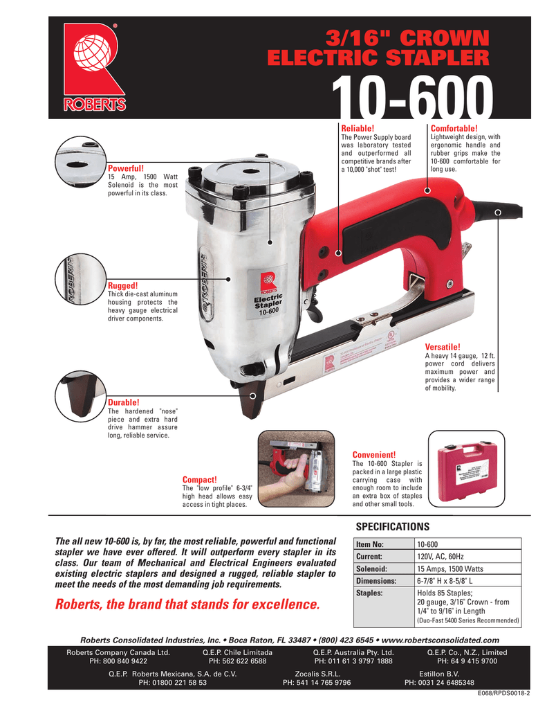 Roberts 10-600 3/16 Crown Electric Stapler with Case 120V 15-Amp 20 Gauge