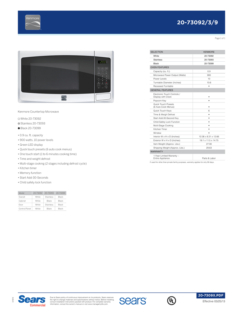 Kenmore Countertop Microwave White 20 Manualzz