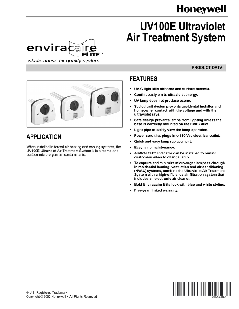 Honeywell Enviracaire Elite UV100E Product data Manualzz