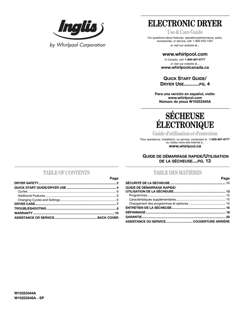 Inglis GAS RANGE, Electronic Dryer Use & Care Manual Manualzz