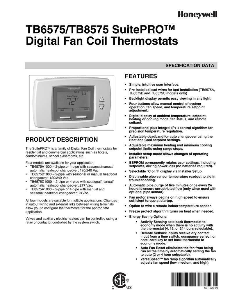 TB6575A1000/U TB6575-10 Honeywell Horizontial Mount Fan Coil thermsotat SuitePRO Black and White 