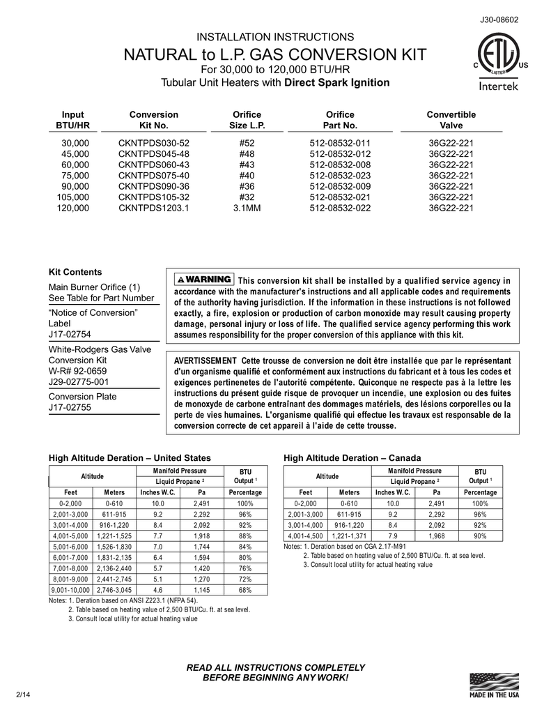 Lp Gas Orifice Btu Chart