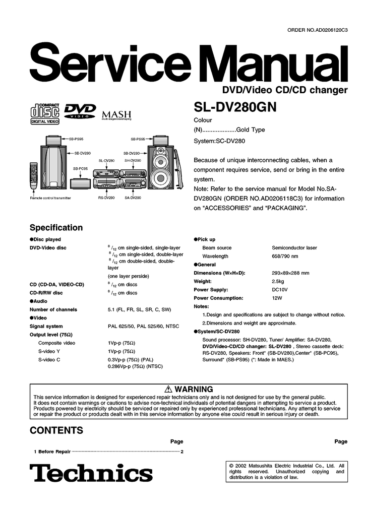 Technics Sl Dv 280 Gn Service Manual, Technics Component Stereo Wiring Diagram
