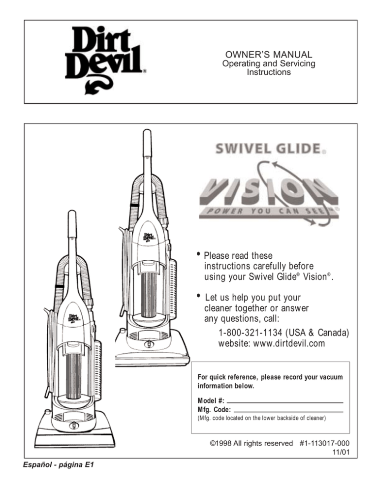 Dirt Devil® Swivel Glide® Vision Manualzz