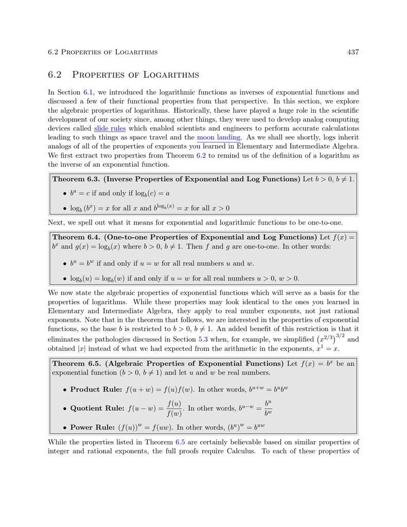 6 2 Properties Of Logarithms Manualzz